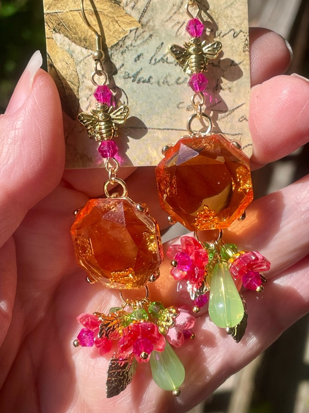 Gold Bee Drop Earrings with Orange Crystal and Pink-Green Accents - Picture 3 of 11